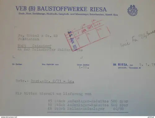 VEB Baustoffwerke Riesa , 1971 , Herr Hehmke , Herr Meißner , altes Dokument , Reklame / Werbung