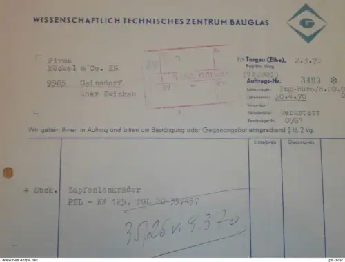 Wissenschaftlich Technisches Zentrum Bauglas in Torgau a. Elbe , 1970 , altes Dokument , Reklame / Werbung