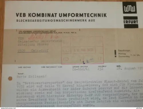 VEB Umformtechnik in Aue / Erfurt , 1972 , altes Dokument , Reklame / Werbung !!