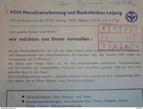 PGH Backofenbau in Leipzig , 1990 , Herr Heidtmann , Gitterboxen , Palettenboxen , altes Dokument , Reklame / Werbung !!