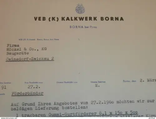VEB Kalkwerk Borna b. Pirna , 1960 , altes Dokument , Reklame / Werbung !!