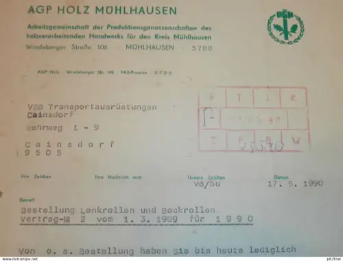 PGH Holz in Mühlhausen , 1990 , Herr Volkmar , altes Dokument , Reklame / Werbung !!