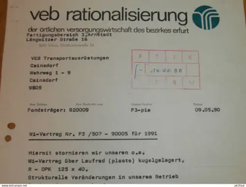 VEB Rationalisierung Erfurt , 1990 , Hr. Suchy , altes Dokument , Reklame / Werbung !!