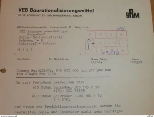 VEB Baumechanisierung Berlin , 1990 , Hr. Hentschke , Herr Schleinert , altes Dokument , Reklame / Werbung