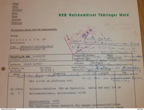 VEB Holzkombinat Thüringer Wald in Großbreitenbach , 1970 , Hr. Krummel , Hörnlein , altes Dokument , Reklame / Werbung