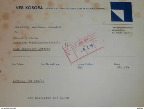 VEB KOSORA in Dresden , 1970 , Hr. Walther , Herr Geidel , altes Dokument , Reklame / Werbung