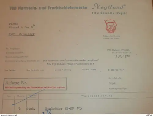 VEB Hartstein- und Fruchtschieferwerke in Oelsnitz , 1970 , Hr. Weber , altes Dokument , Reklame / Werbung