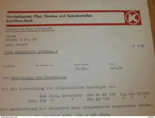 Handelsbetrieb - Obst und Gemüse in Karl-Marx-Stadt , 1970 , Hr. Leithold , Hr. Dathe altes Dokument , Reklame / Werbung
