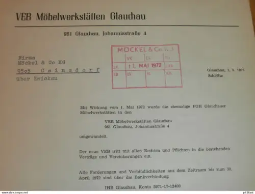 VEB Möbelwerkstätten Glauchau , 1972 , Herr Riedel , altes Dokument , Reklame / Werbung !