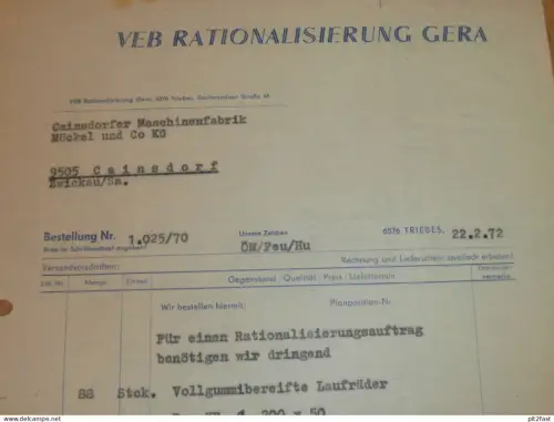 VEB Rationalisierung Gera / Triebes , 1972 , Herr Rüger , Herr Feustel , altes Dokument , Reklame / Werbung !