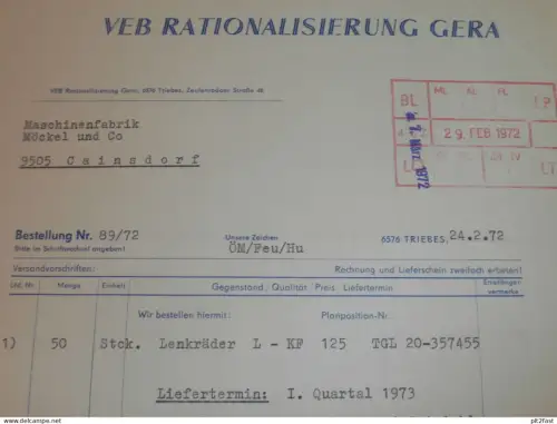 VEB Rationalisierung Gera / Triebes , 1972 , Herr Rüger , Herr Feustel , altes Dokument , Reklame / Werbung !