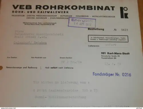 VEB Rohrkombinat Karl-Marx-Stadt , 1972 , Chemnitz , Herr Gruner , Herr Preißler , altes Dokument , Reklame / Werbung !