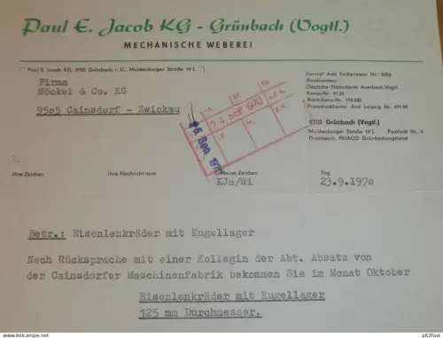 Weberei - Paul E. Jacob KG in Grünbach i. Vogtland , 1970 , altes Dokument , Reklame / Werbung !