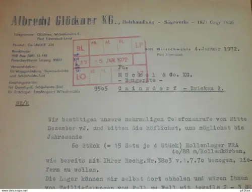 Holzhandlung - Albrecht Glöckner KG in Wilzschmühle b. Eibenstock , 1972 , altes Dokument , Reklame / Werbung !