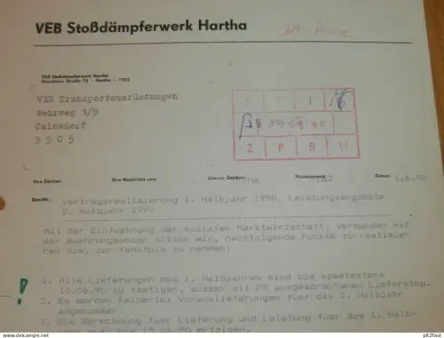VEB Stoßdämpferwerk Hartha , 1990 , Herr Froehnert , altes Dokument , Reklame / Werbung !