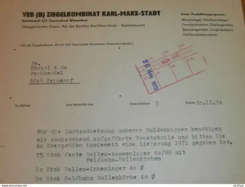VEB Ziegelkombinat Karl-Marx-Stadt , 1970 , Herr Henkel , altes Dokument , Reklame / Werbung !