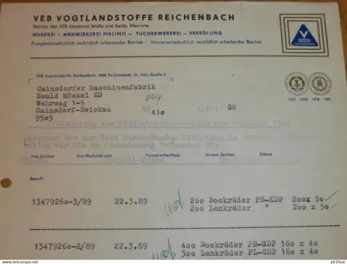 VEB Vogtlandstoffe Reichenbach / Meerane , 1990 , Herr Becker , Herr Pech , altes Dokument , Reklame / Werbung !