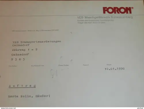 FORON - VEB Waschgerätewerk Schwarzenberg , 1990 , Herr Fiedler , altes Dokument , Reklame / Werbung !