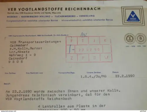 VEB Vogtlandstoffe Reichenbach , 1990 , Herr Kriester , Herr Jungandreas , altes Dokument , Reklame / Werbung !