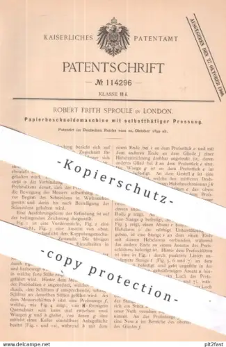 original Patent - Robert Frith Sproule , London England 1899 | Papierbeschneidemaschine | Papier Messer Schneidmaschine