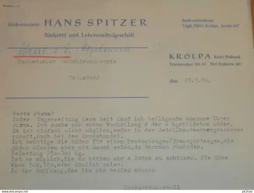 Bäckerei - Hans Spitzer in Krölpa b. Ranis-Ziegenrück , 1970 , altes Dokument , Reklame / Werbung !!