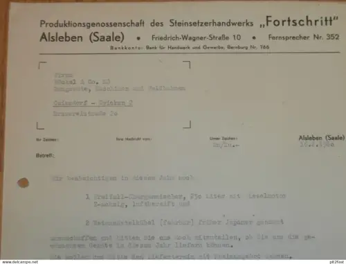 PGH "Fortschritt" Steinsetzer in Alsleben a. Saale , Hr. Raap , Hr. Knödel 1960 , alte Rechnung , Reklame / Werbung !!