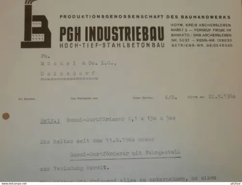 PGH Industriebau in Hoym b. Aschersleben , 1960 , alte Rechnung , Reklame / Werbung !!