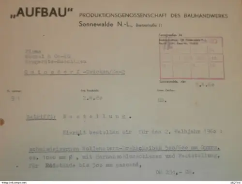 PGH "Aufbau" Sonnewalde N.L., 1960 , alte Rechnung , Reklame / Werbung !!