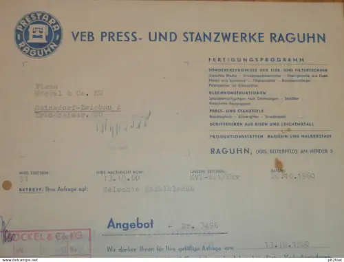 VEB Press- und Stanzwerk Raguhn b. Bitterfeld , 1960 , alte Rechnung , Reklame / Werbung !!