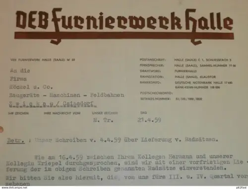 VEB Furnierwerk Halle a. Saale , 1959 , Herr Krause , Herr Triebel , altes Dokument , Reklame / Werbung