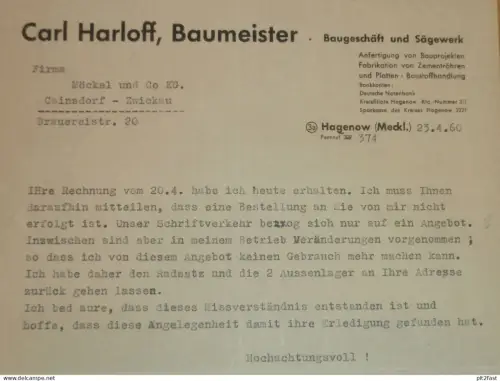 Sägewerk - Carl Harloff in Gagenow i. Mecklenburg , 1960 , altes Dokument , Reklame / Werbung