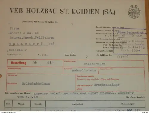 VEB Holzbau St. Egidien i. Sa., b. Lichtenstein , 1960 , altes Dokument , Reklame / Werbung