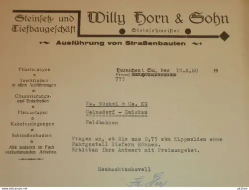 Steinsetzer und Tiefbau - Willy Horn & Sohn in Hainichen i. Sa. , 1960 , altes Dokument , Reklame / Werbung