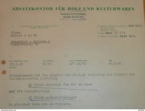 Absatzkontor Holz- und Kulturwaren in Stendal , 1960 , Herr Wisse , Herr Griep , altes Dokument , Reklame / Werbung