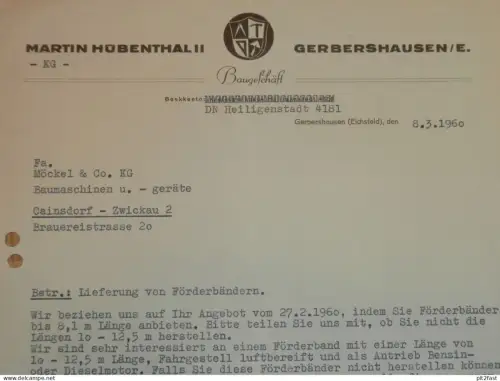 Martin Hübenthal in Gerbershausen b. Eichsfeld  , 1960 , altes Dokument , Reklame / Werbung