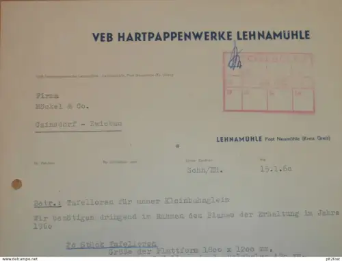VEB Hartpappenwerke Lehnamühle b. Greiz , 1960, Hr. Winkler , Herr Schneider , altes Dokument , Reklame / Werbung