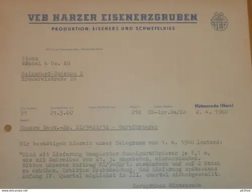 VEB Harzer Eisengruben in Hüttenrode b. Blankenburg Harz , 1960, Hr. Kramer , Lübke , altes Dokument , Reklame / Werbung