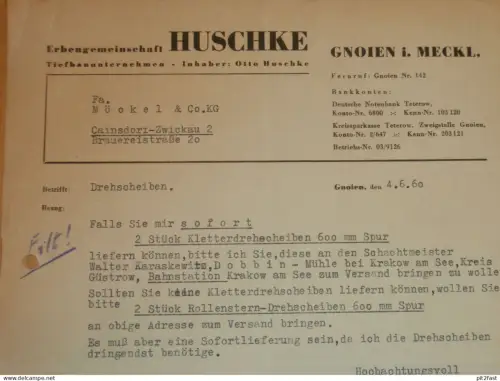 Tiefbau - Huschke in Gnoien i. Mecklenburg , 1960 , altes Dokument , Reklame / Werbung