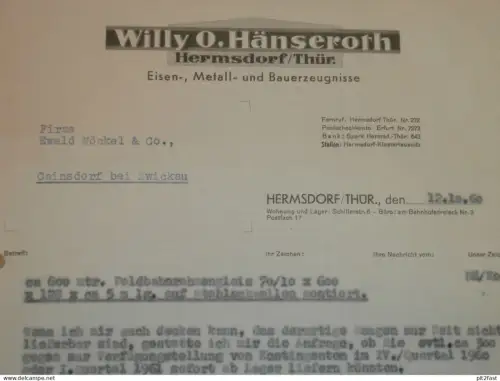 Eisenerzeugnisse - Willy O. Hänseroth in Hermsdorf i. Thür. , 1960 , altes Dokument , Reklame / Werbung