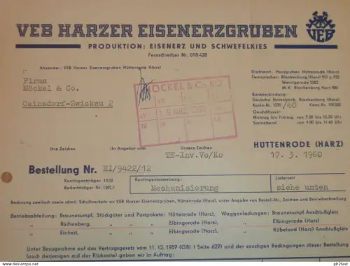 VEB Harzer Eisengruben in Hüttenrode b. Blankenburg Harz , 1960, Hr. Kramer , Lübke , altes Dokument , Reklame / Werbung