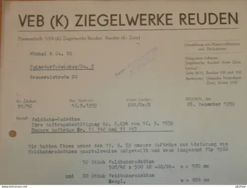 VEB Ziegelwerke Reuden b. Zeitz , 1959 , Herr Grubel , Herr Telemann , altes Dokument , Reklame / Werbung