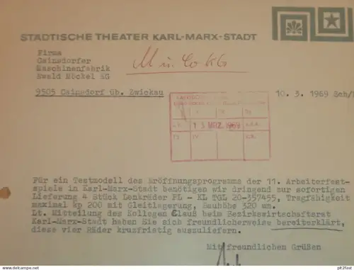 Städtische Theater - Karl-Marx-Stadt / Chemnitz , 1969 , Herr Schettler , altes Dokument , Reklame / Werbung !!