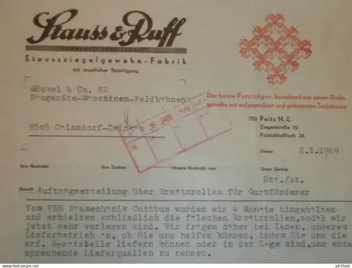 Ziegelgewebe-Fabrik Stauss & Ruff in Peitz N.L, 1969 ,Herr Tembusch , Herr Stauß , altes Dokument , Reklame / Werbung !!