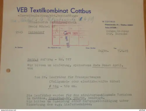 VEB  Textilkombinat Cottbus , 1969 , Herr Exler , altes Dokument , Reklame / Werbung !!