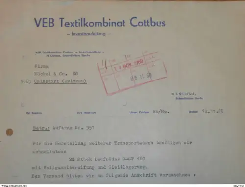 VEB  Textilkombinat Cottbus , 1969 , Herr Exler , altes Dokument , Reklame / Werbung !!