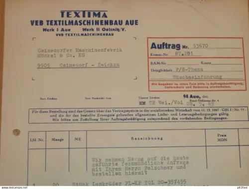 VEB TEXTIMA Textilmaschinenbau Aue , 1969 , Herr Kindermann , Hr. Weißmann , altes Dokument , Reklame / Werbung !!