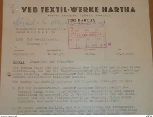 VEB Textil-Werke Hartha , 1969 , Herr Kretschmar , Herr Richter , altes Dokument , Reklame / Werbung !!