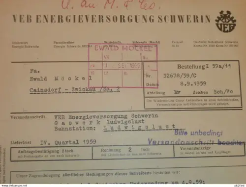 VEB Energieversorgung Schwerin , 1959 , Herr Stahnke , Herr Schilling , altes Dokument , Reklame / Werbung !!