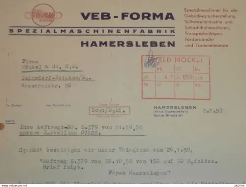 VEB Forma - Spezialmaschinen Hamersleben , 1959 , Herr Schneemann , altes Dokument , Reklame / Werbung !!
