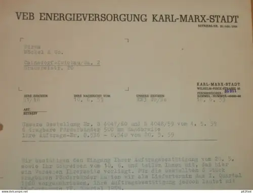VEB Energieversorgung Karl-Marx-Stadt , 1959 , Herr Großner , Herr Fischer , altes Dokument , Reklame / Werbung !!